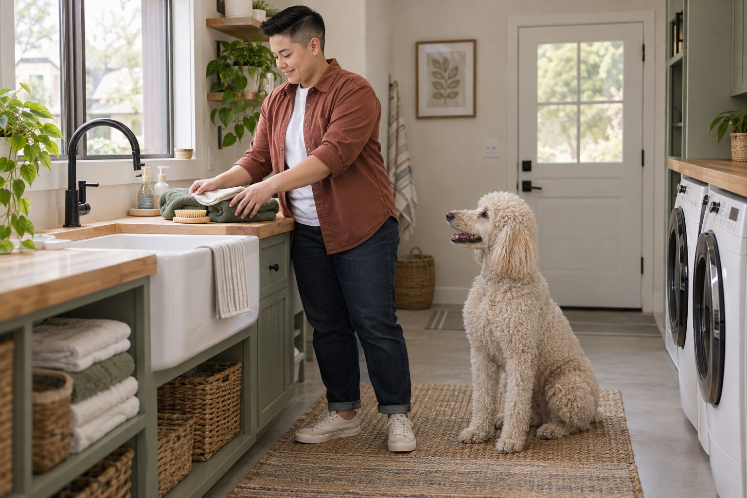 A new owner lays out towels and a brush as a cream poodle waits in a home laundry room.