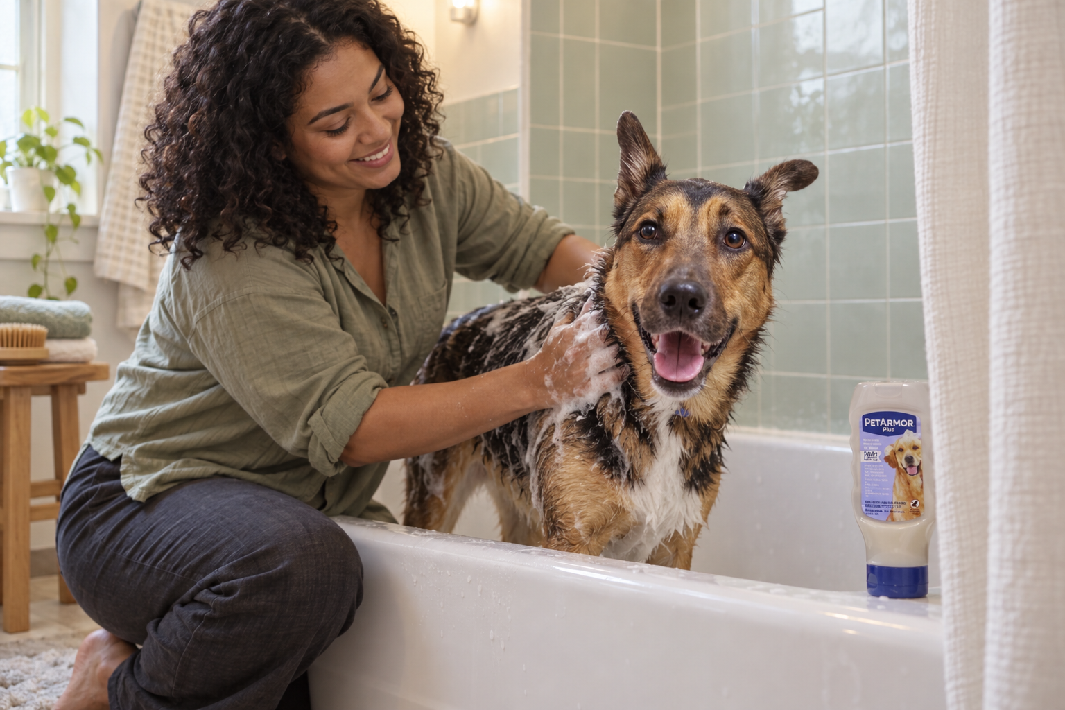 A first-time owner lathers a German shepherd mix in a bathtub with the shampoo bottle on the ledge.