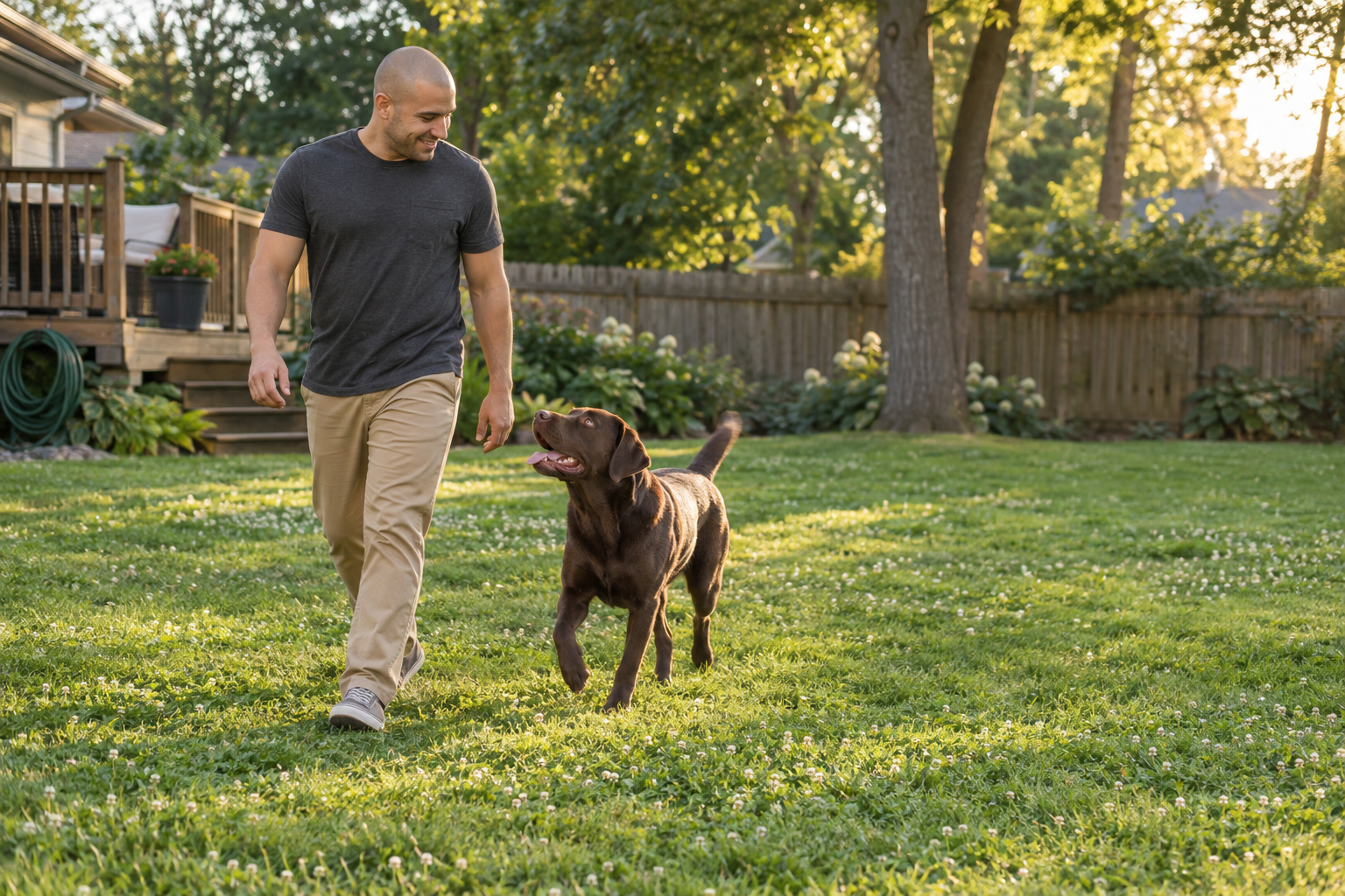 A chocolate Labrador trots beside its owner across a fenced backyard after bath time.