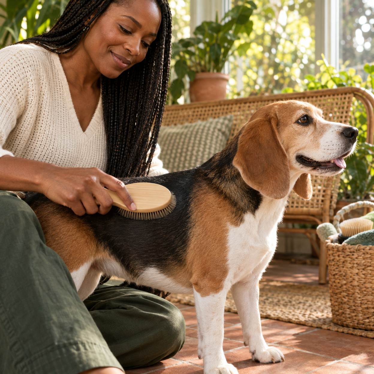 An owner gently brushes a calm tricolor beagle beside a cane bench in a sunny room.