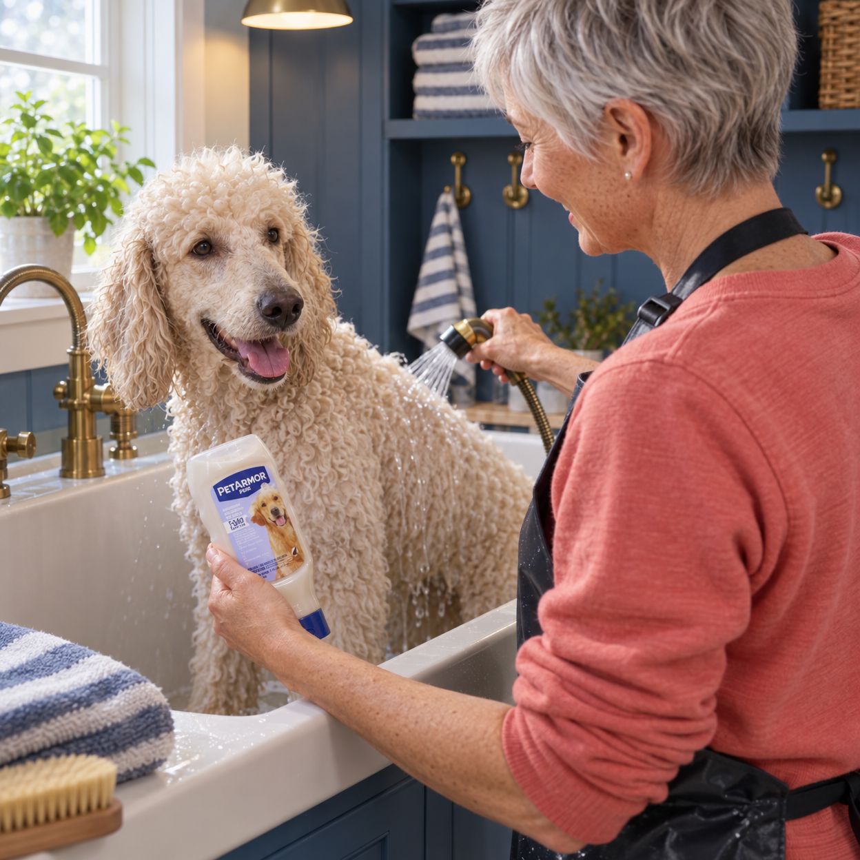 An owner holds the shampoo bottle while wetting a cream poodle at a mudroom utility sink.