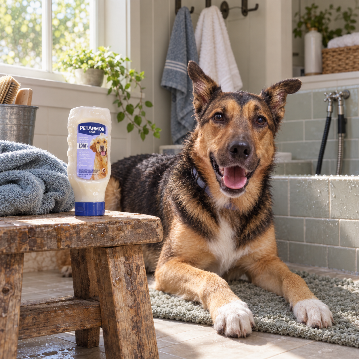 A towel-dried German shepherd mix rests by a wash basin with the shampoo bottle on a nearby stool.