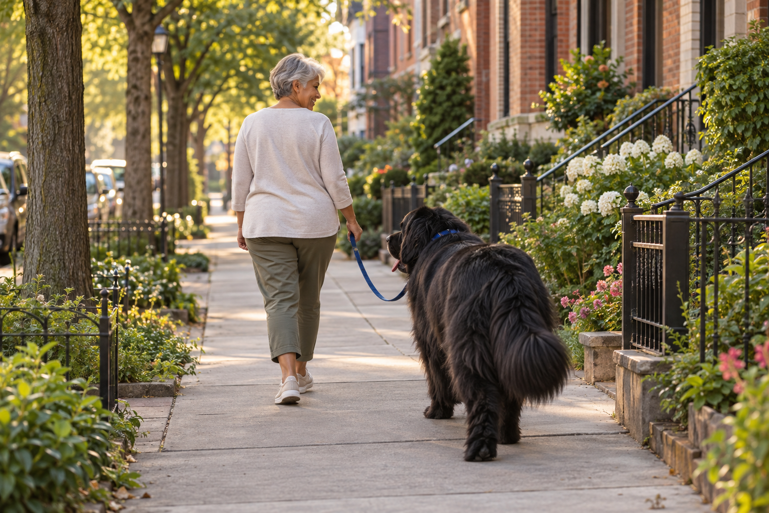 A woman and a large Newfoundland take an unhurried walk along a tree-lined neighborhood sidewalk.
