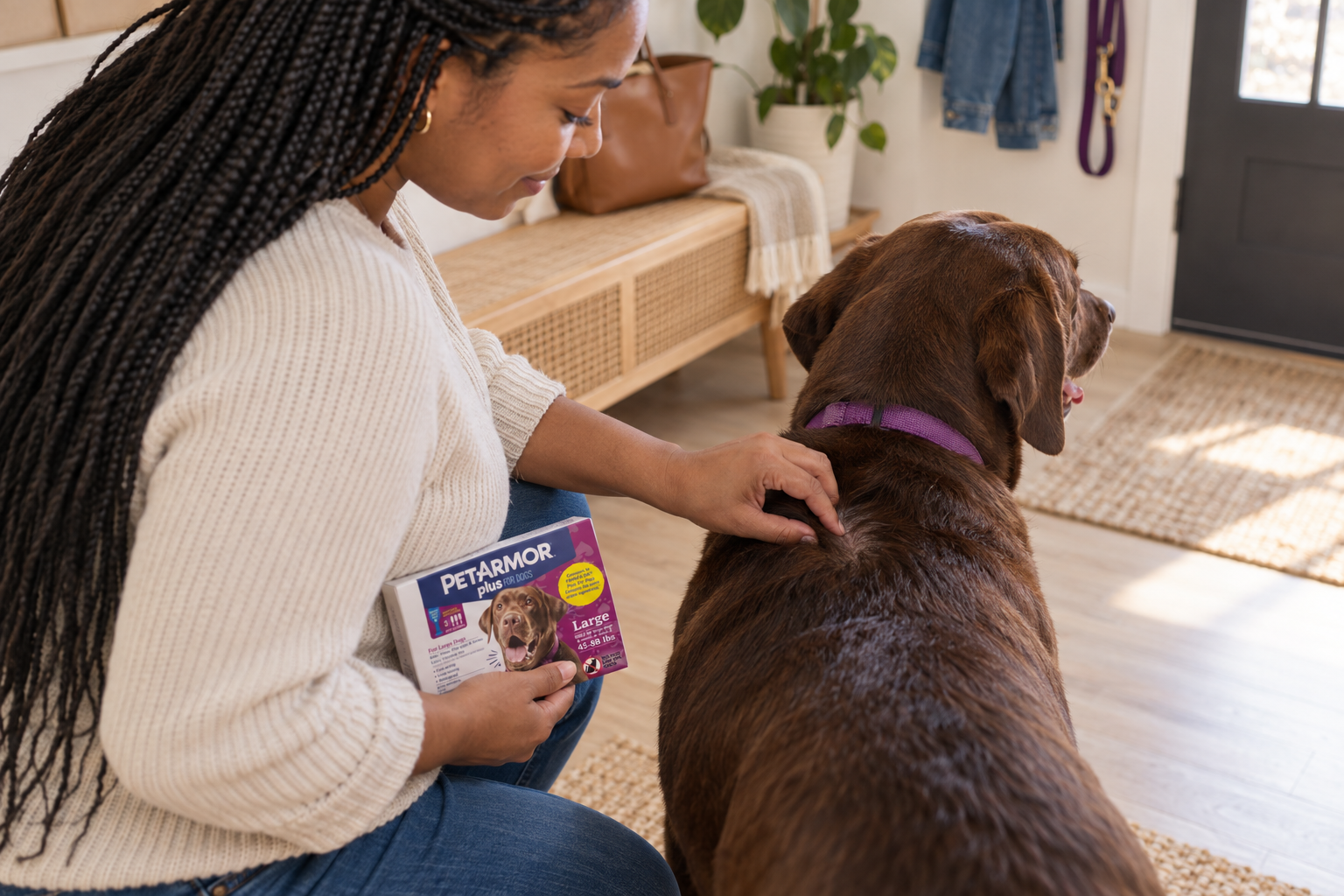 A woman holds a treatment box while gently parting her Labrador's fur between the shoulders.
