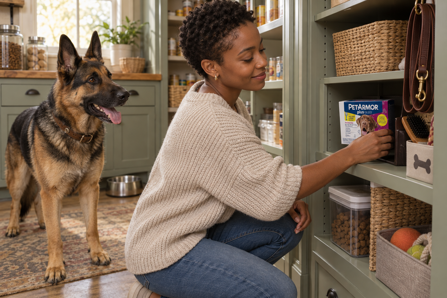 A woman stores a sealed treatment box in a pet-care cubby as her German shepherd waits nearby.