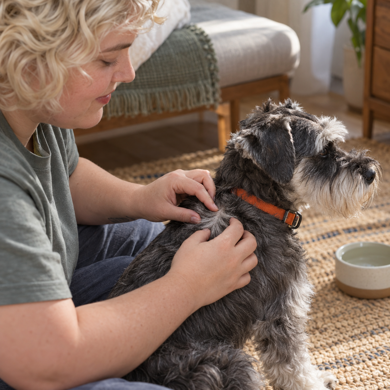 A seated owner gently parts a small schnauzer's fur between the shoulder blades.
