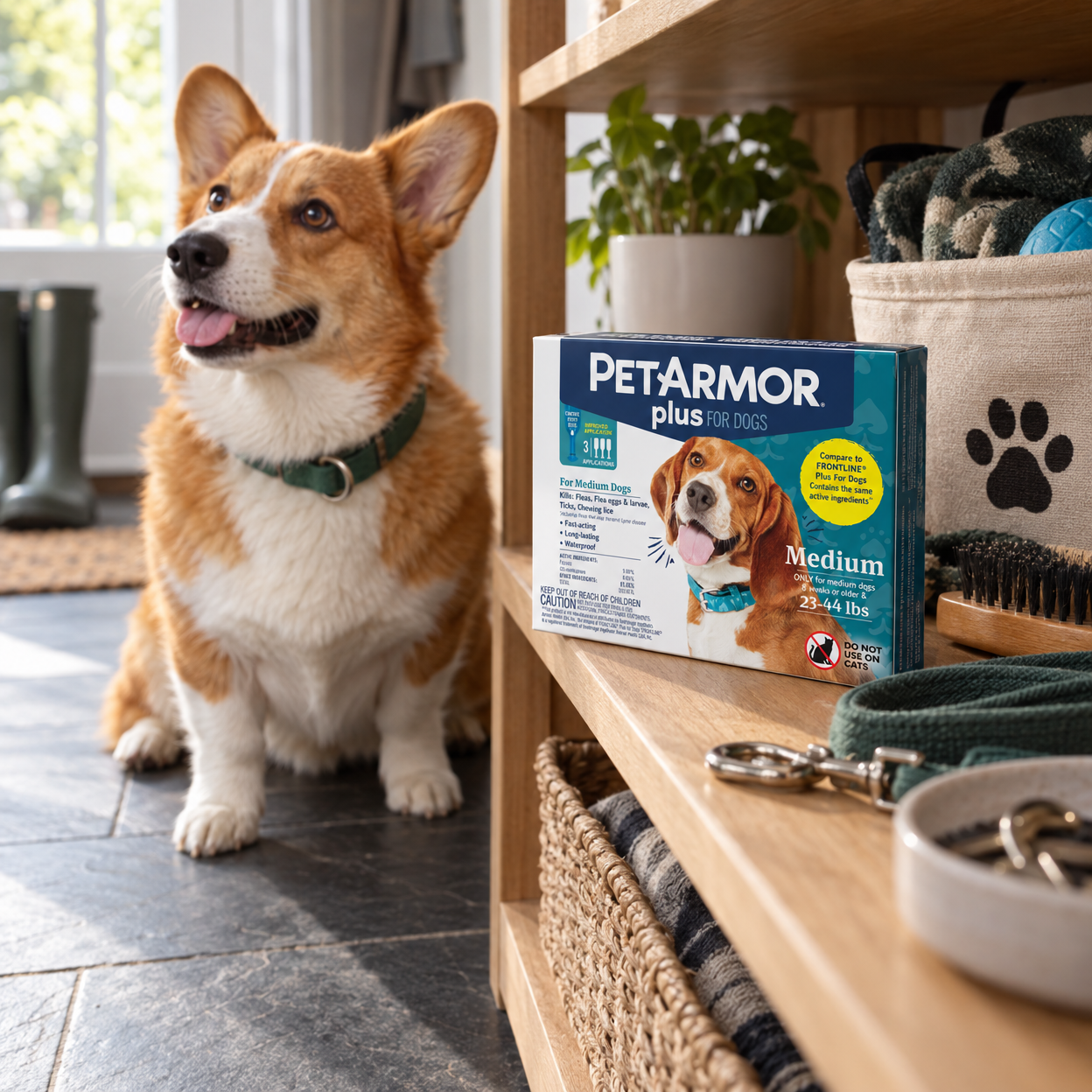 A sealed treatment box rests with dog-walking gear while a corgi sits softly in the background.