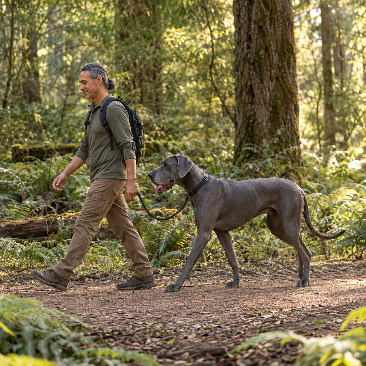 A man and a blue Great Dane walk side by side along a sunlit woodland trail.