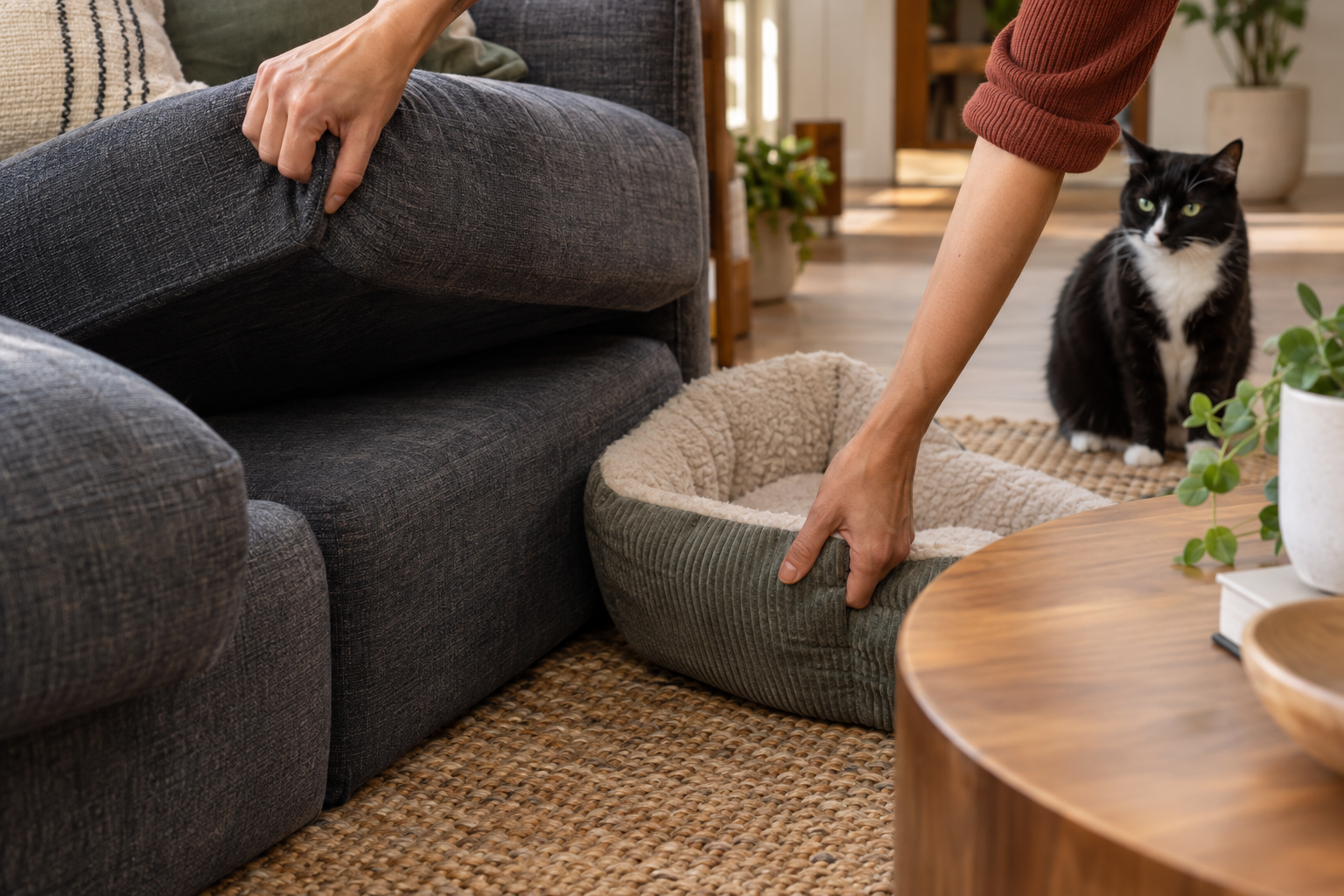Hands lift a sofa cushion and move a pet bed while a tuxedo cat waits nearby.