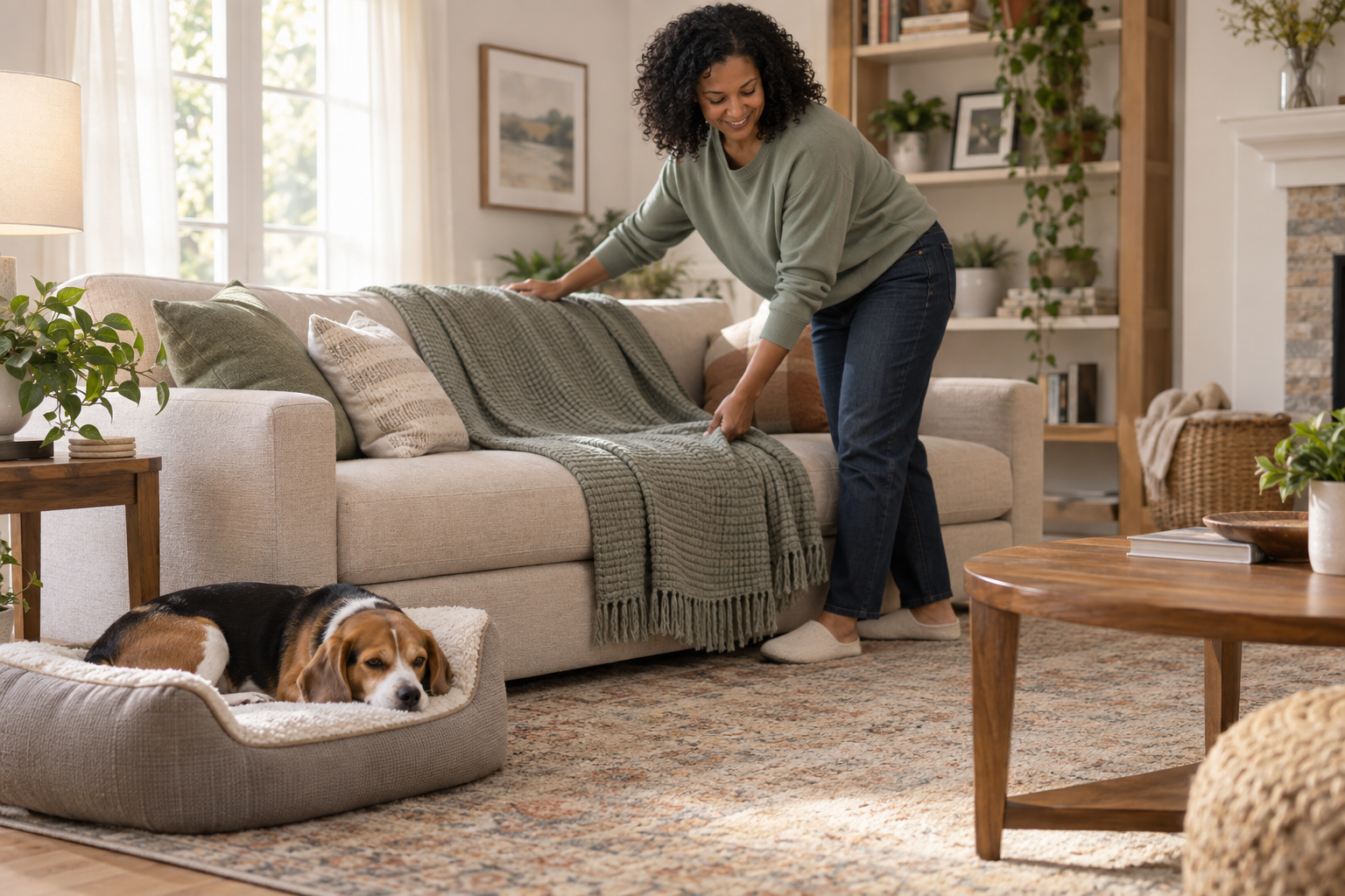 A woman smooths a clean sofa throw while a Beagle settles into its nearby bed.