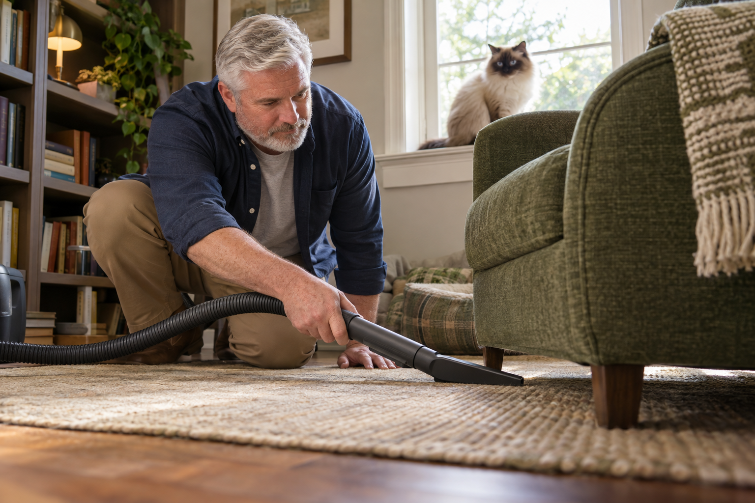 A man vacuums beneath an armchair while a Ragdoll cat watches from the window ledge.