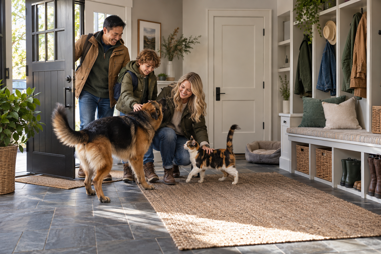 A family greets a German Shepherd and calico cat in a spacious mudroom entry.
