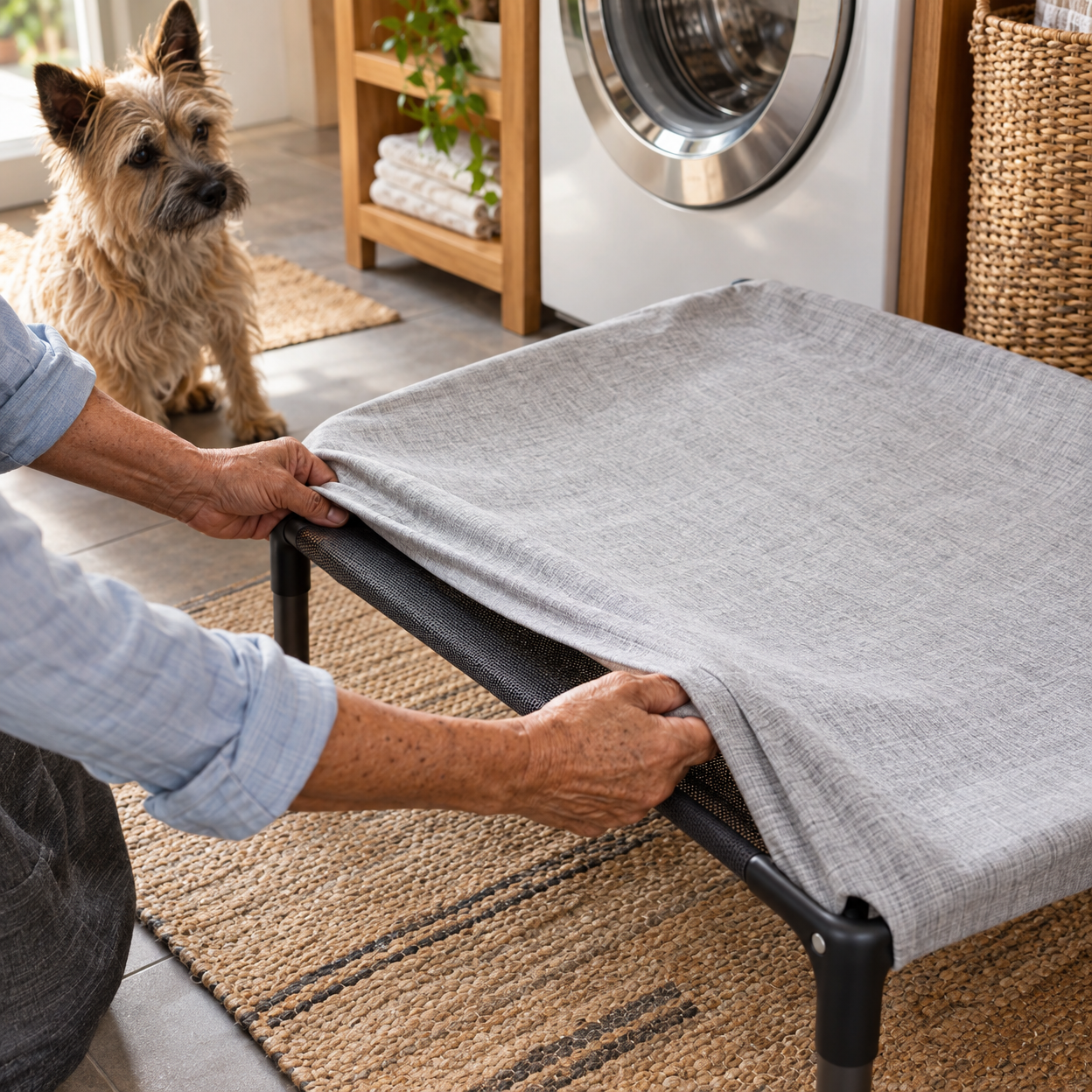 Hands fit a clean cover over a pet bed while a small wirehaired terrier waits beside it.