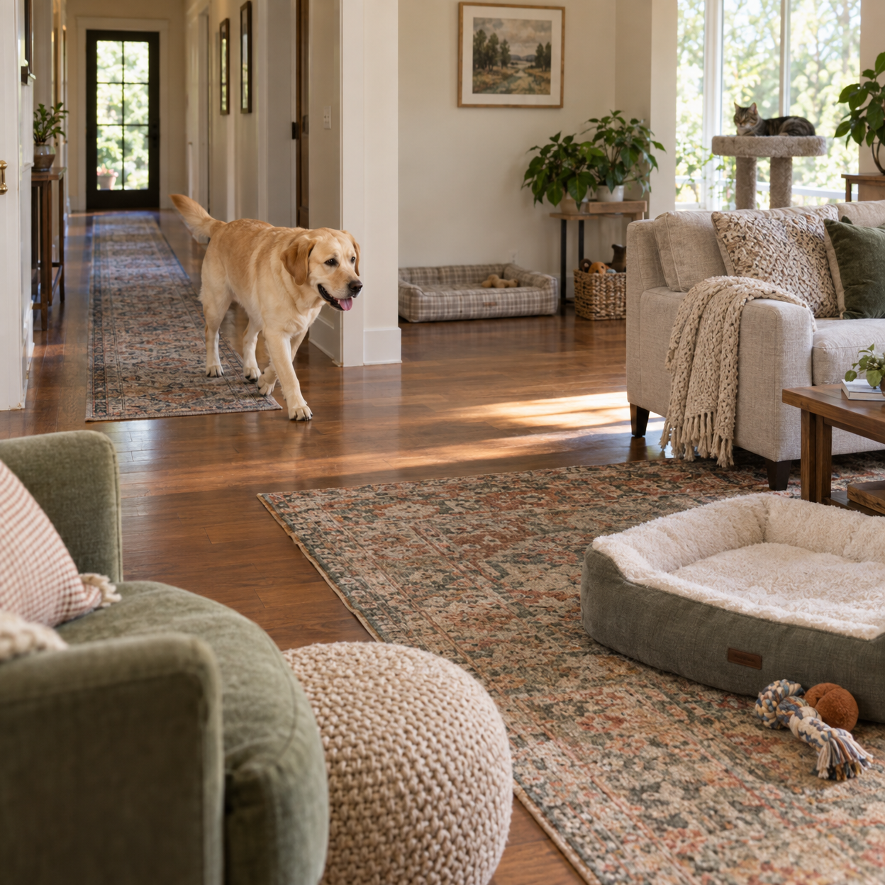 A yellow Labrador walks through connected rooms with rugs, seating, and pet-rest areas.