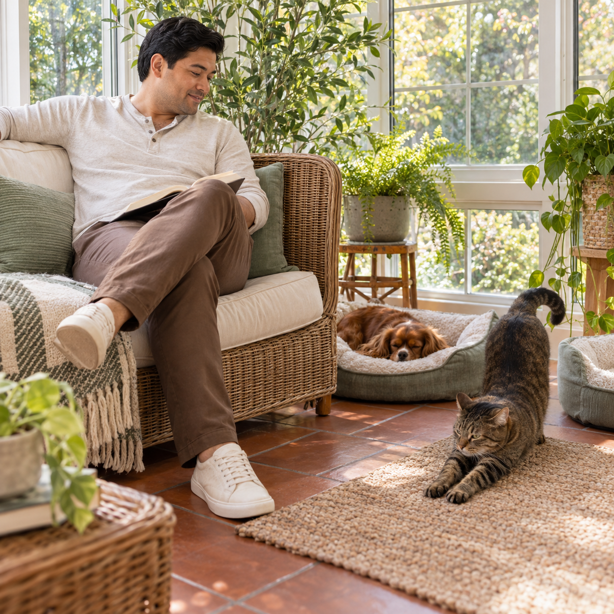 A man relaxes in a sunroom as a tabby cat stretches and a small spaniel naps nearby.