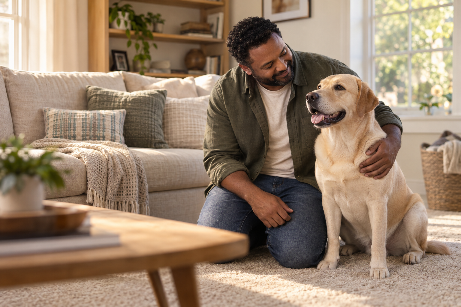 A man kneels beside a yellow Labrador in a comfortable carpeted family room.