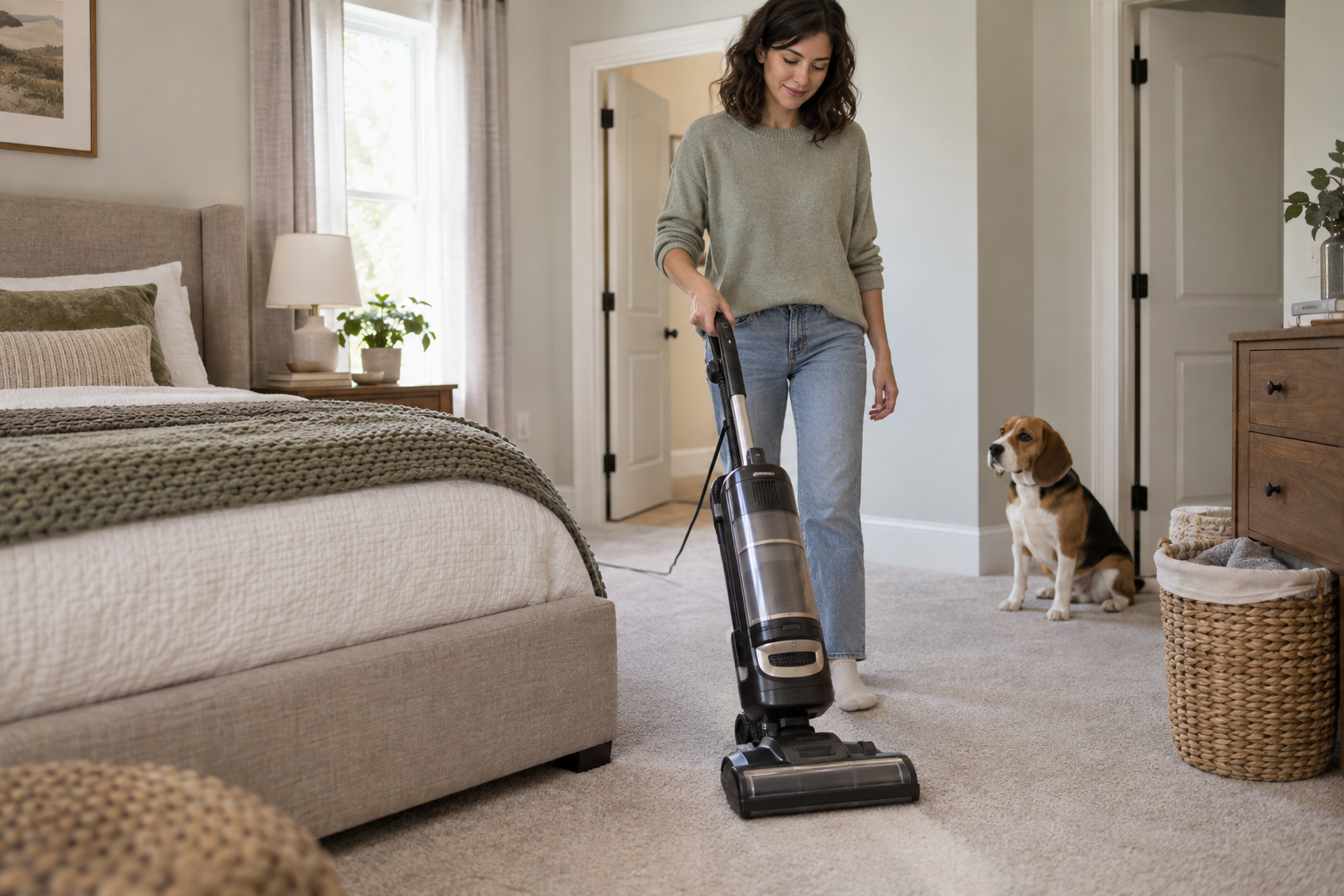 A woman vacuums a carpeted bedroom while a beagle watches from a safe distance.