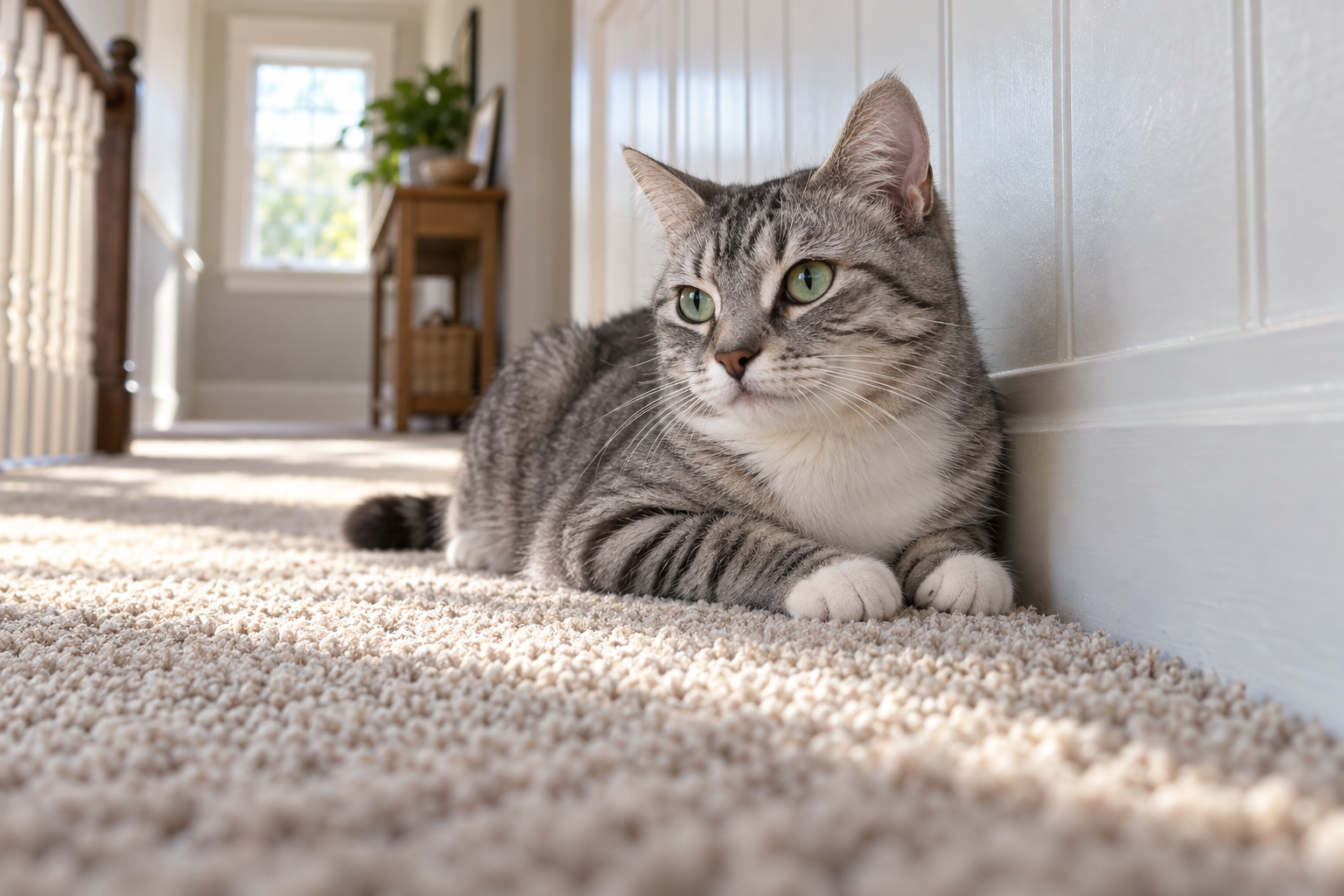A silver tabby cat rests beside a carpet edge on a narrow upstairs landing.