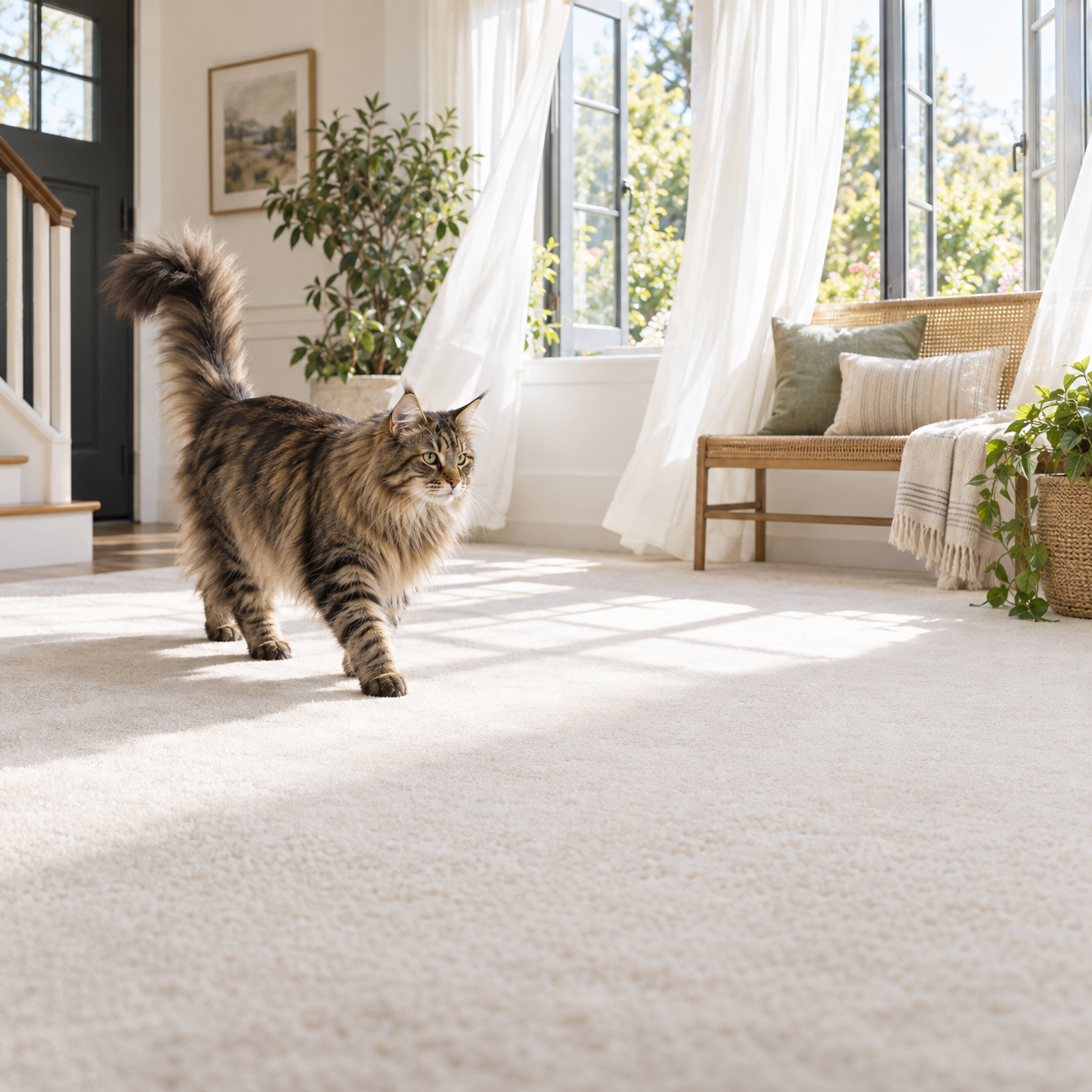A Maine Coon walks across pale carpet as curtains move beside open windows.