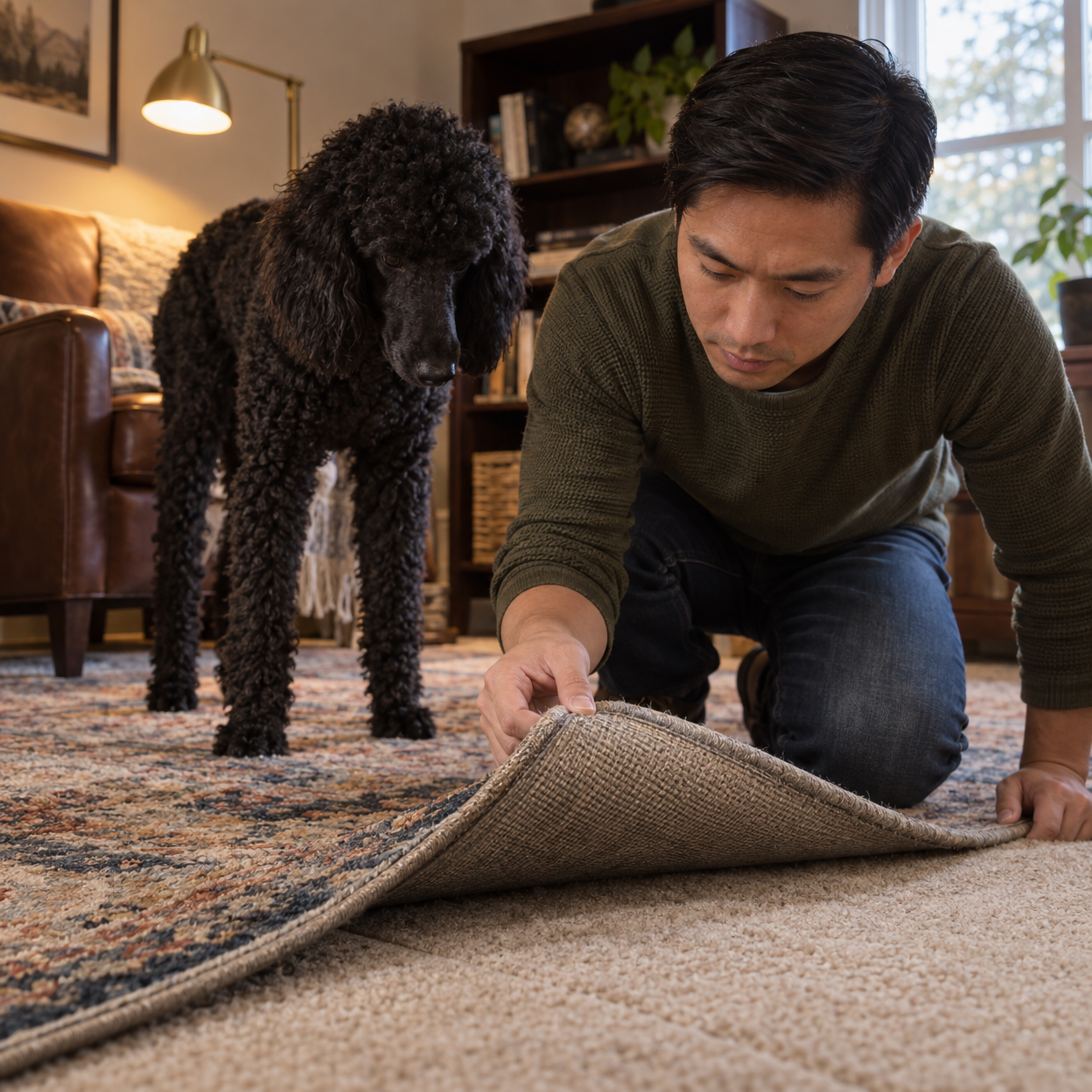 A man lifts a rug corner to inspect the carpet seam as a black poodle stands nearby.