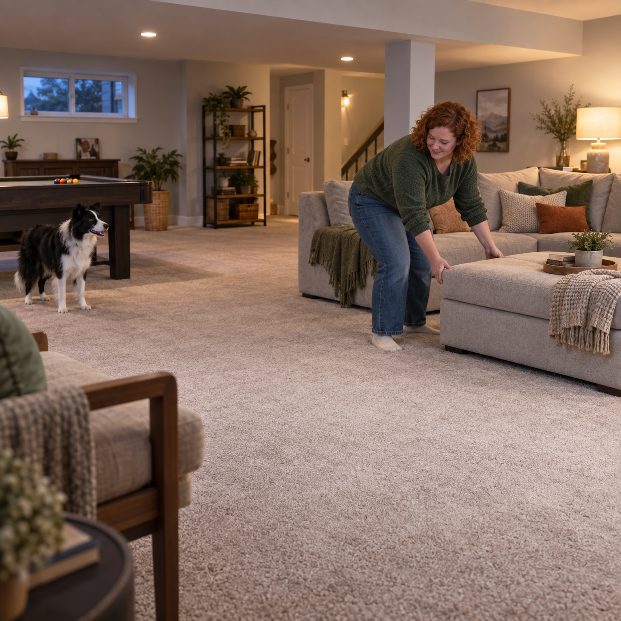 A woman moves an ottoman to clear basement carpet while a border collie waits nearby.