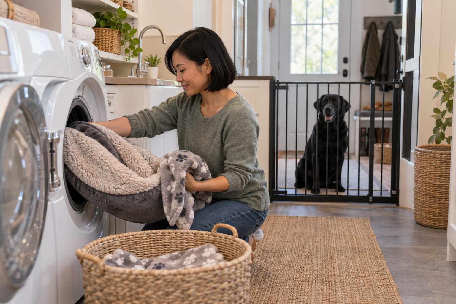 A woman loads pet bedding into a washer while a black Labrador waits beyond a mudroom gate.