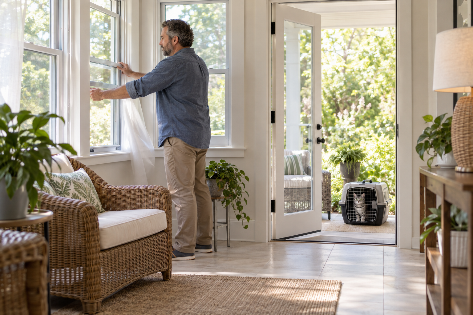 A man opens sunroom windows while a tabby cat waits in a carrier on the covered porch.