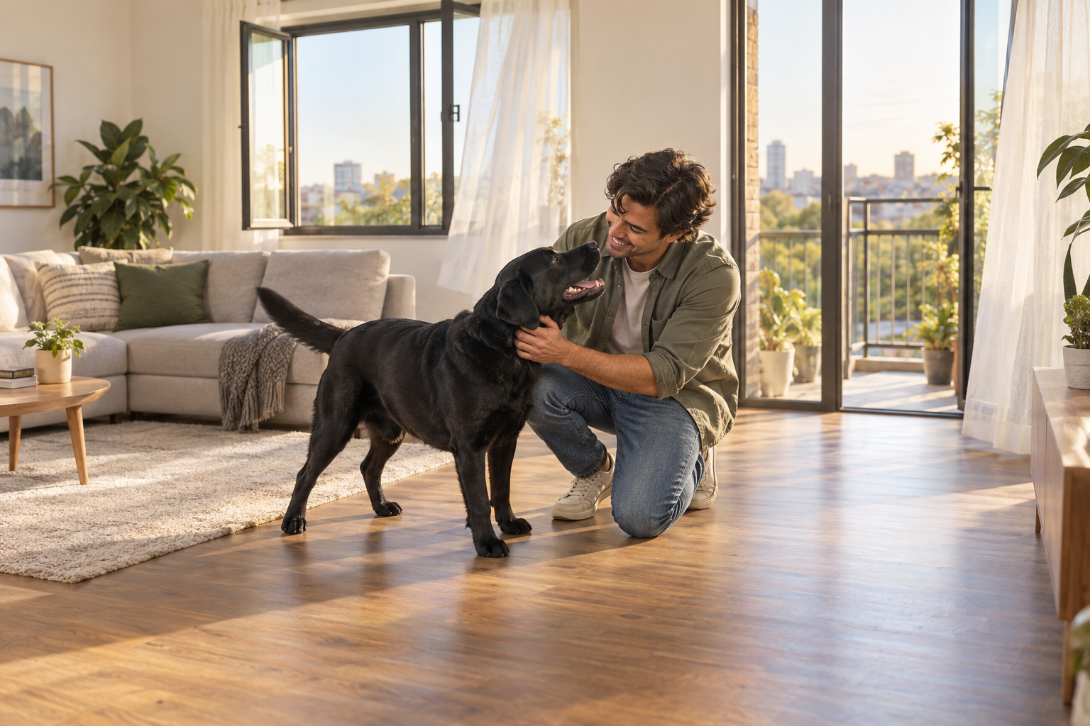 A man greets a black Labrador in a bright den with open windows after the room has aired.