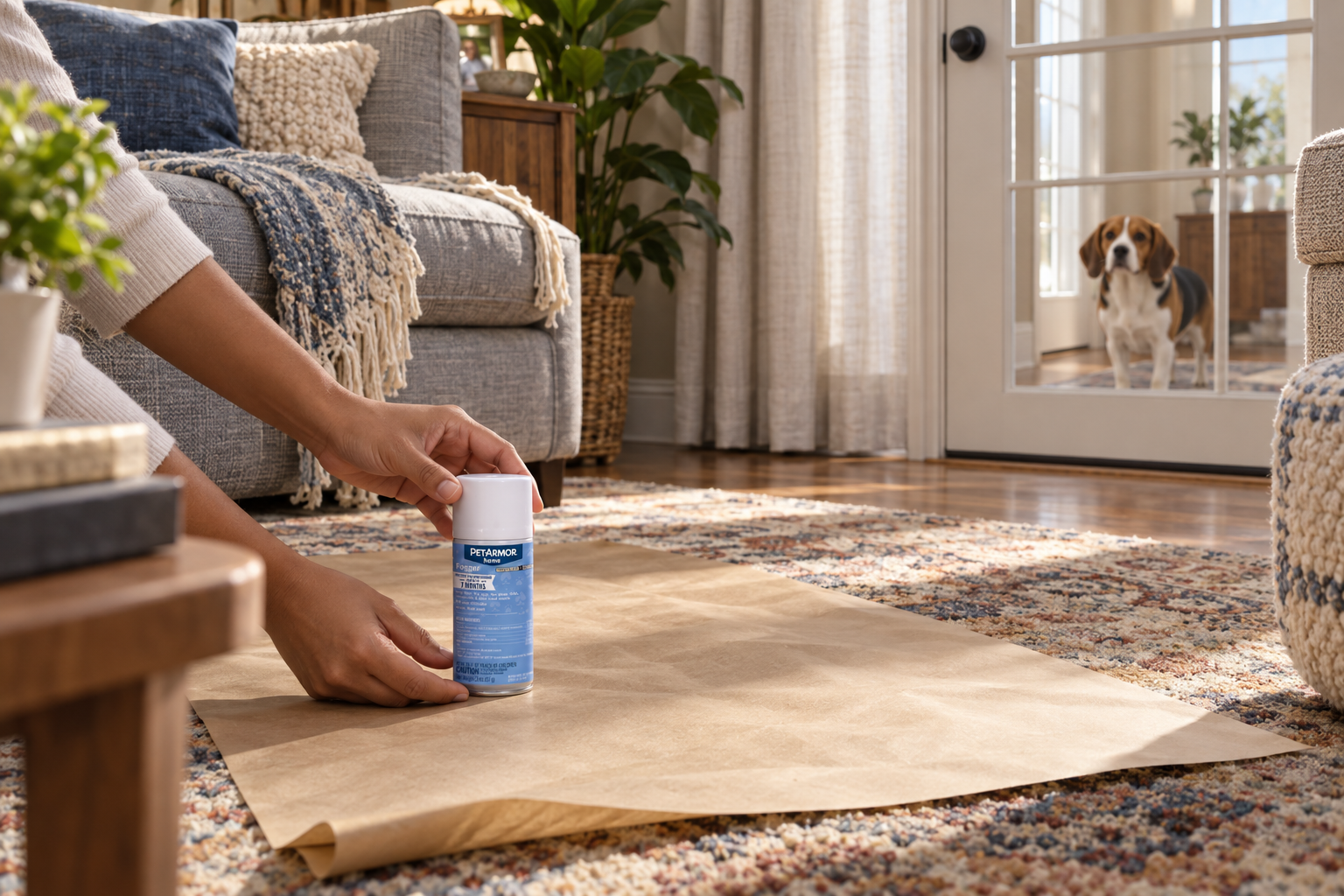 Hands place a capped fogger in a prepared family room while a beagle waits behind a closed door.