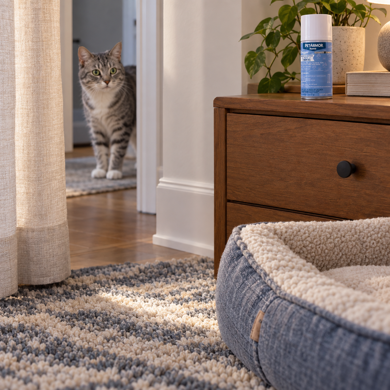 A capped fogger sits by a bedroom rug, drape, and pet bed while a tabby cat watches from the hall.