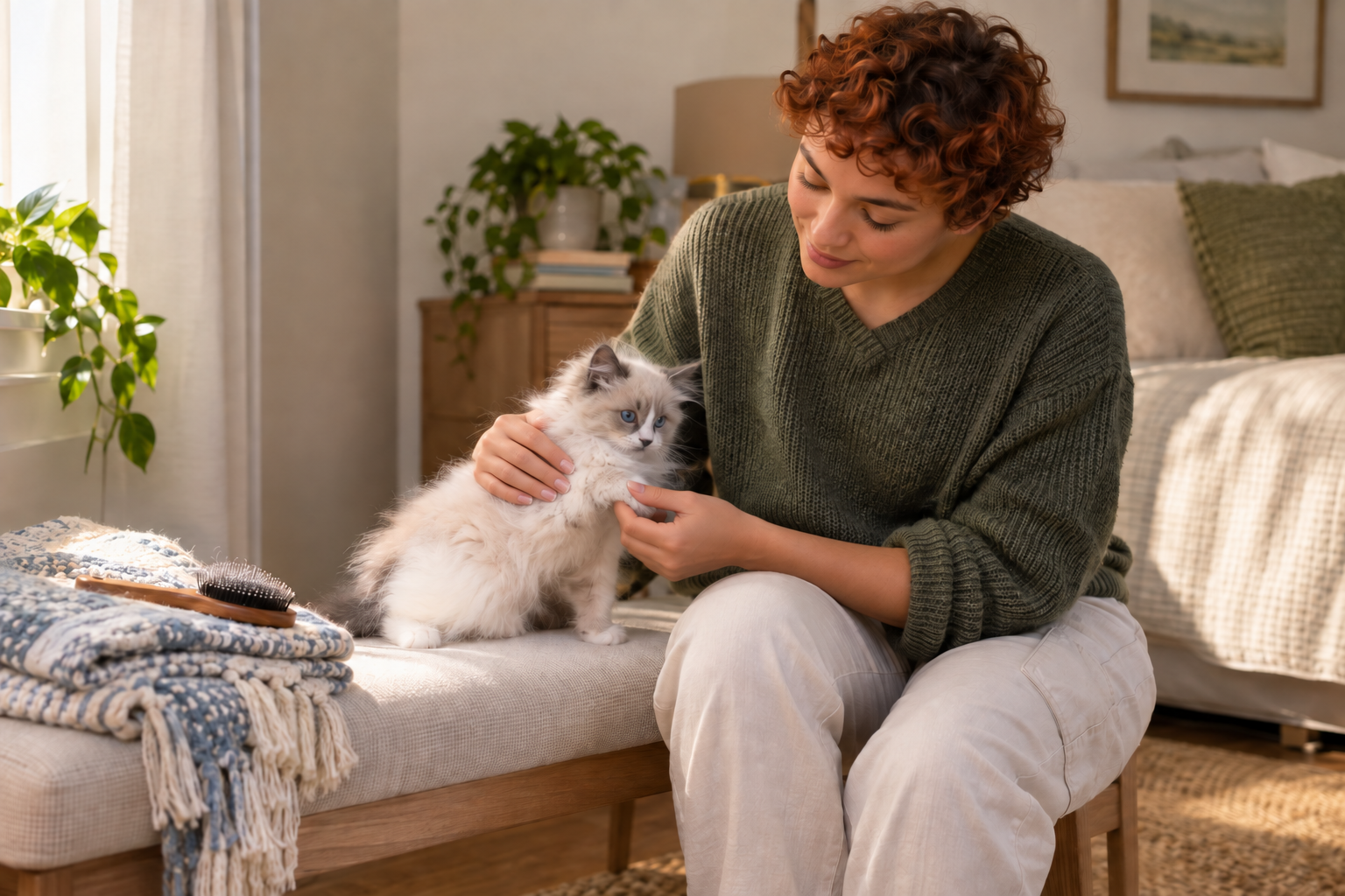 A person with short curly red hair, wearing a green sweater and white pants, sits beside and pets a fluffy blue-eyed kitten on a cushioned bench in a sunlit bedroom, with a brush resting on folded blankets nearby.