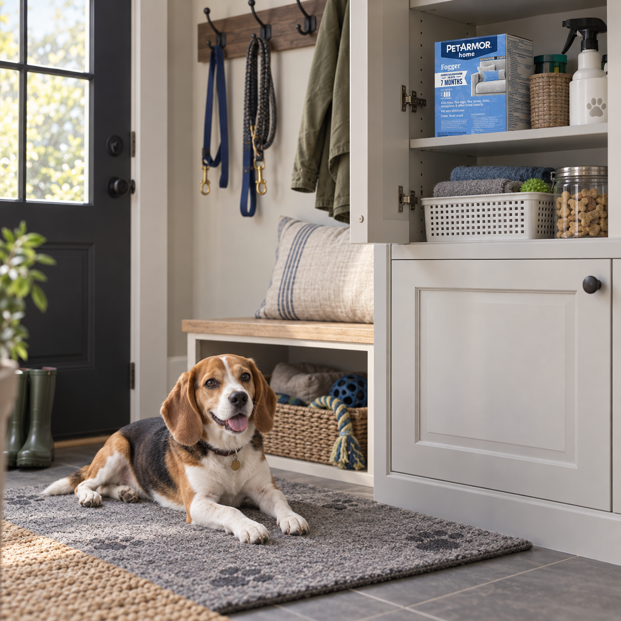A fogger box rests on a high mudroom shelf while a beagle relaxes on a clean mat below.