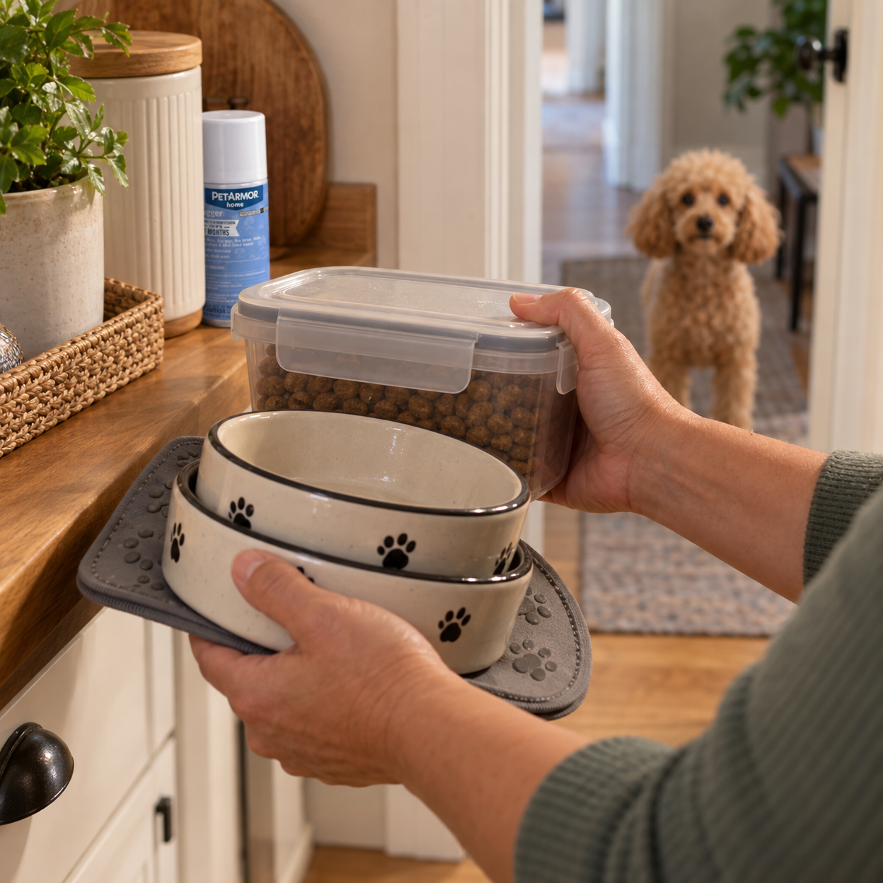 Hands remove pet bowls and food while a capped fogger rests on the counter and a poodle waits outside.