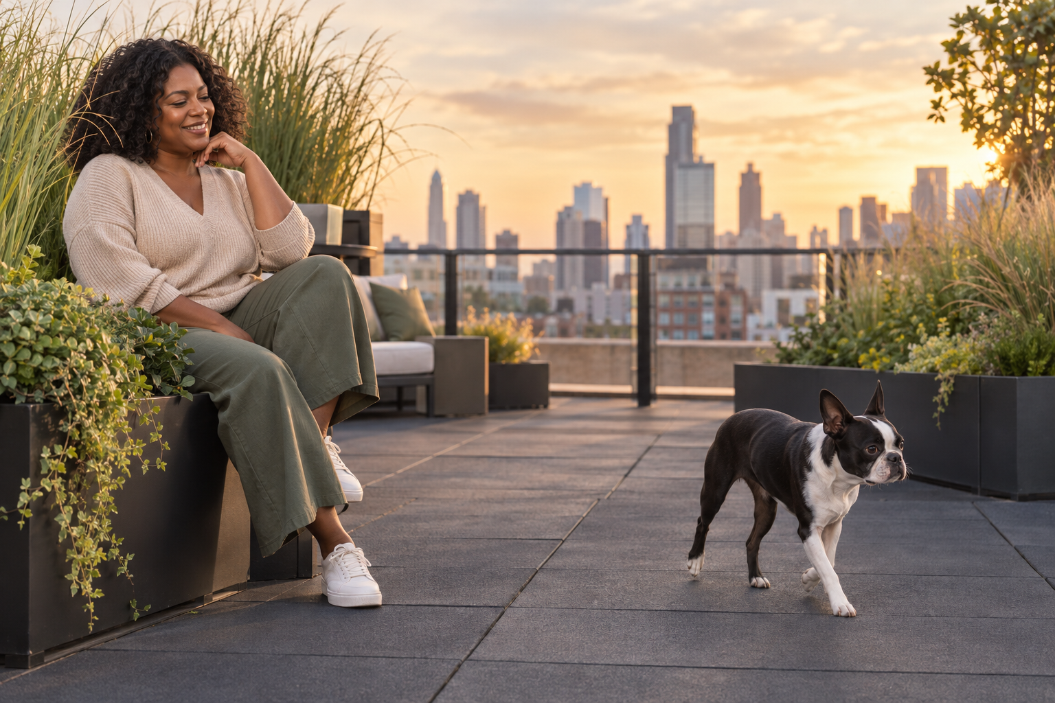 A woman relaxes on a rooftop terrace while a Boston Terrier explores beside tall planters.