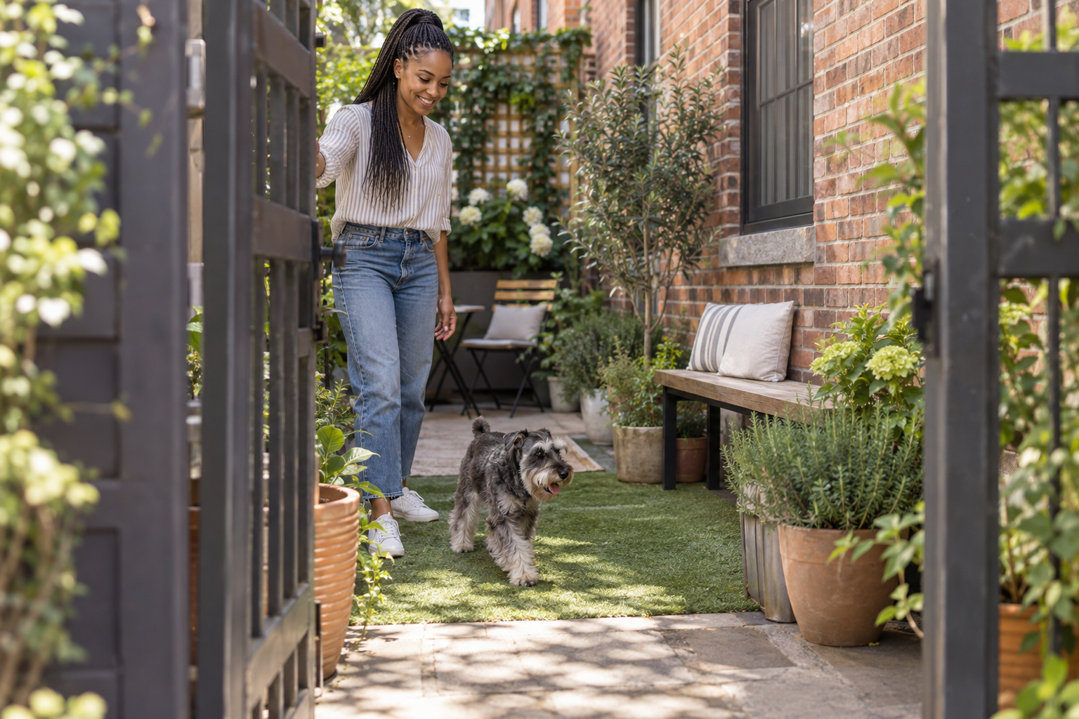 A woman opens the gate as a Miniature Schnauzer crosses a narrow rowhouse patio.