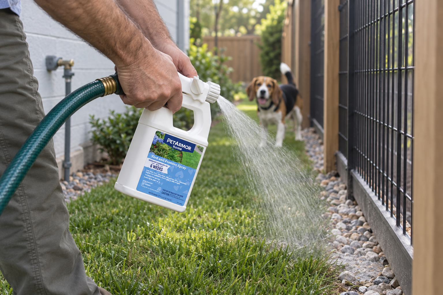 Hands carry a hose-connected yard spray bottle along a narrow dog run as a Beagle waits ahead.