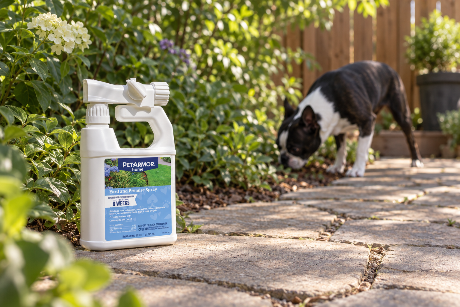 A yard spray bottle rests beside patio plants while a Boston Terrier sniffs along the fence.