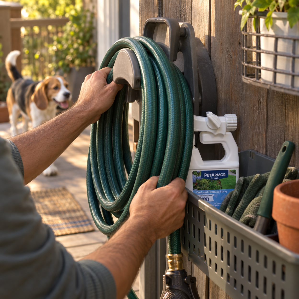 Hands coil a garden hose and place the yard spray bottle into a deck storage caddy.