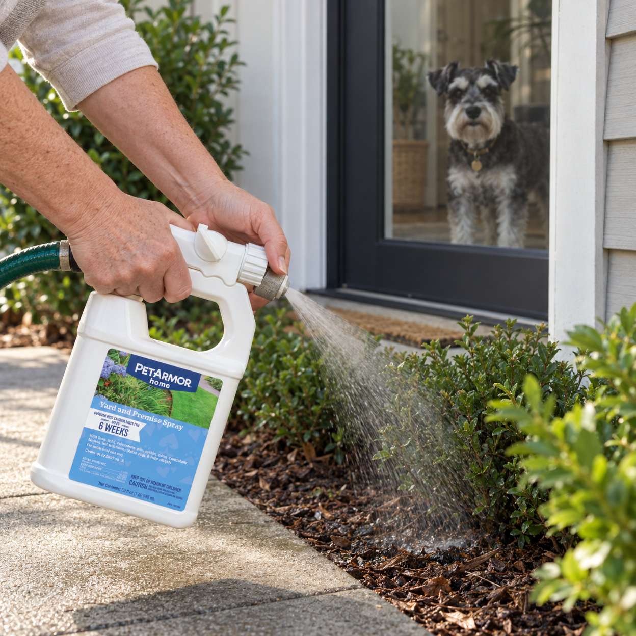 Hands direct a hose-end yard spray at a garden edge while a Miniature Schnauzer waits indoors.