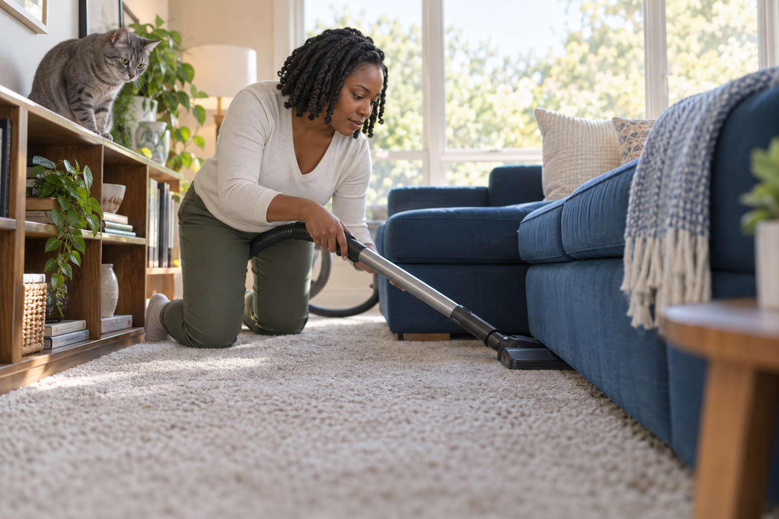 A mother vacuums the carpet seam beneath a sectional while a gray cat watches nearby.