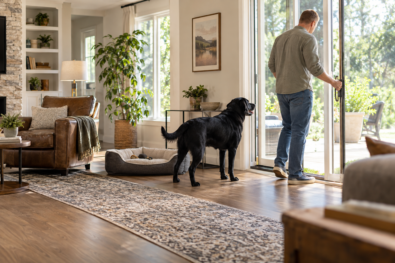 A father opens the patio door while a black Labrador waits beside its pet basket.