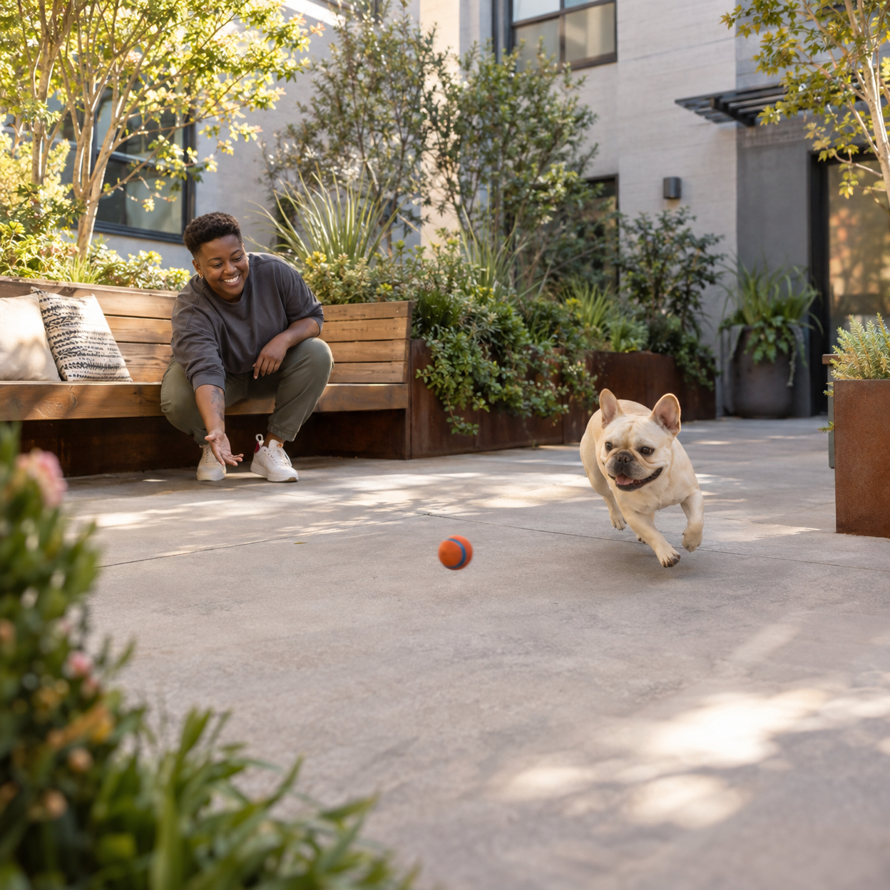 A person rolls a ball across a small apartment courtyard for a cream French Bulldog.