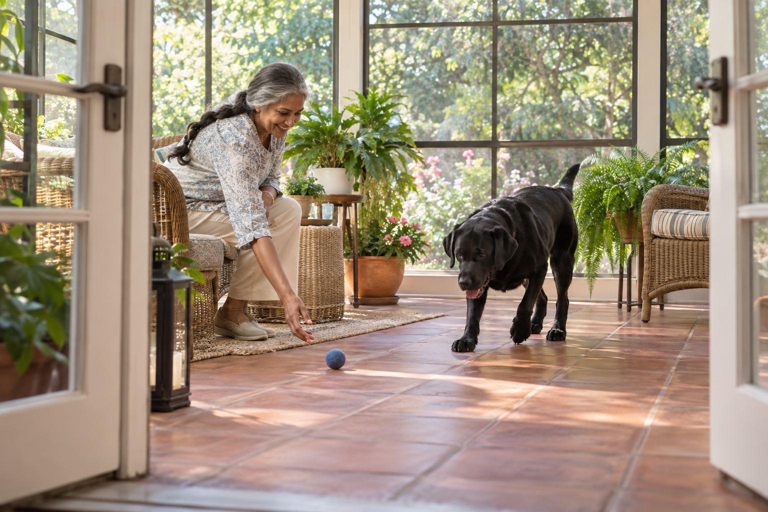 A grandmother rolls a soft ball to a black Labrador in a bright garden-facing sunroom.