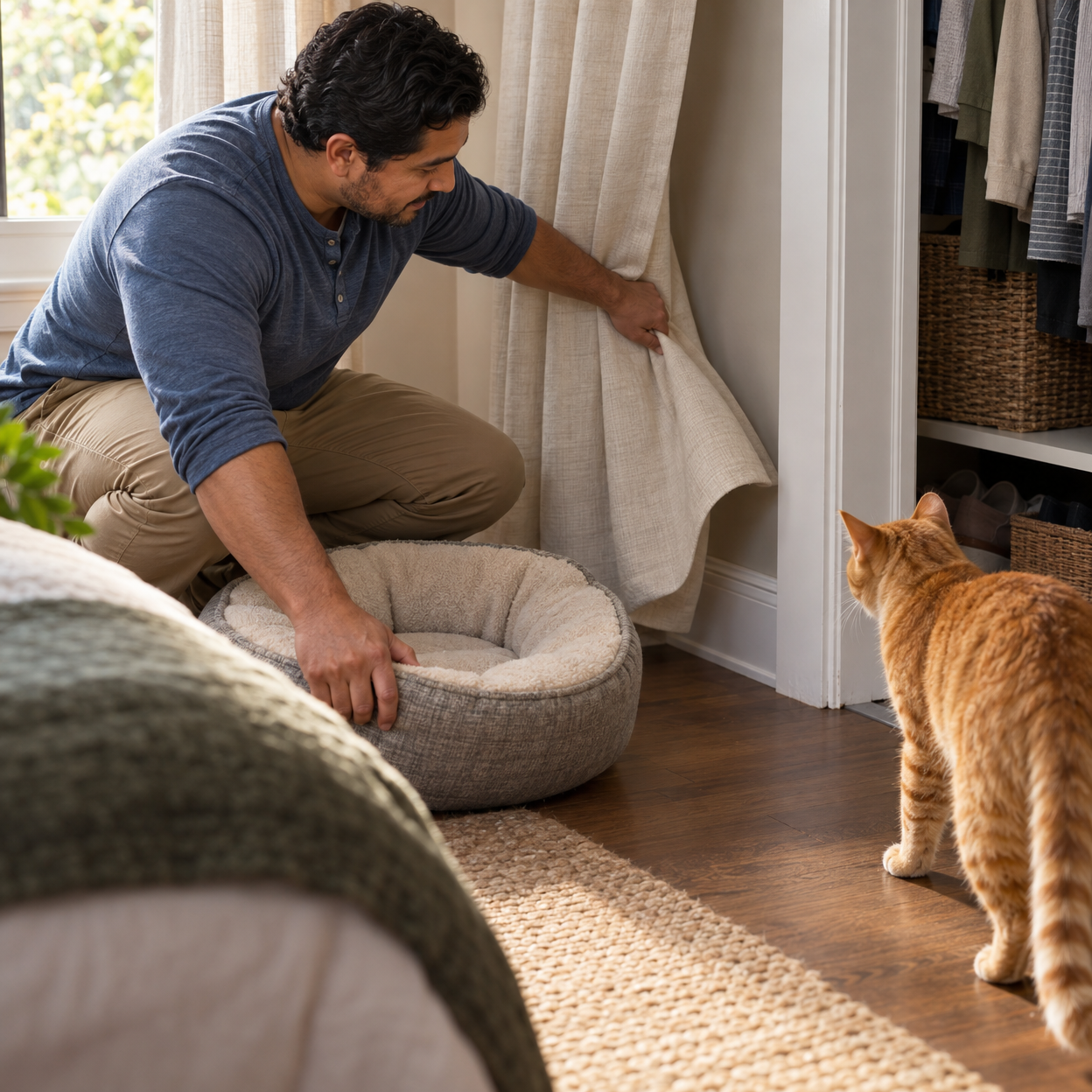 A father moves a pet bed and lifts a drape to reach a bedroom baseboard as an orange cat waits.