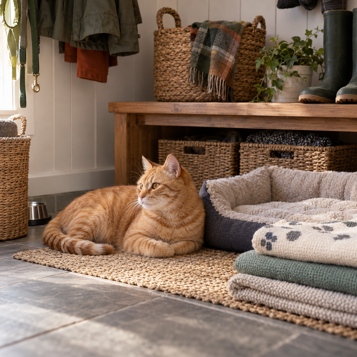 An orange cat rests beside fresh bedding and woven storage baskets in a tidy mudroom pet corner.