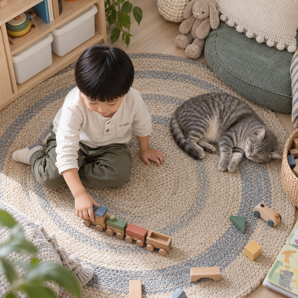 A boy rolls a wooden train across a playroom rug while a gray cat naps beside a cushion.