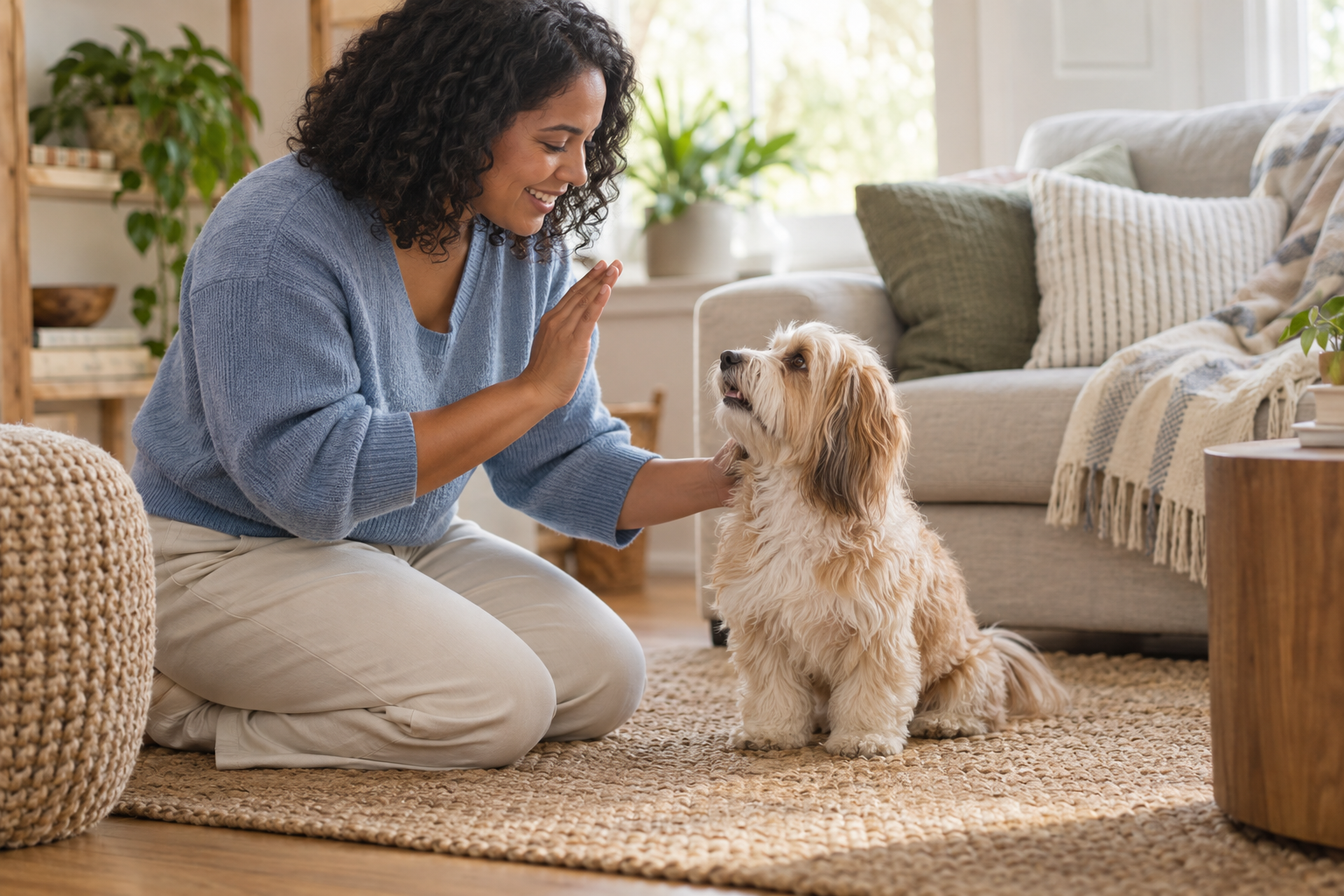 A woman praises a small Havanese sitting calmly beside her in a cozy living room.