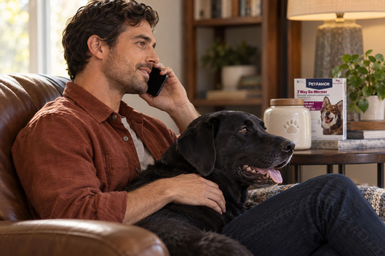 A man talks by phone while stroking a black Labrador mix beside a softly visible dewormer box.