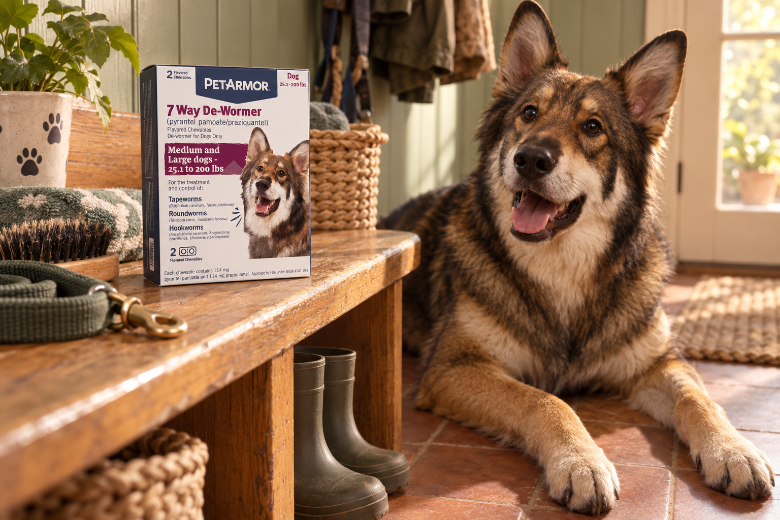 A large shepherd mix rests beside a sealed dewormer box on a sunlit mudroom bench.