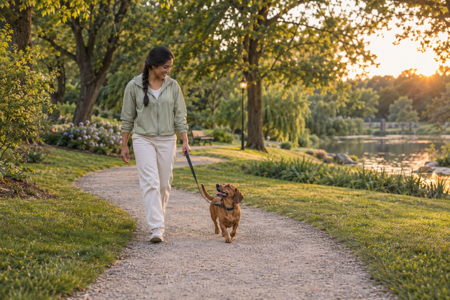 A woman walks a reddish-brown dachshund mix along a leafy neighborhood park path.